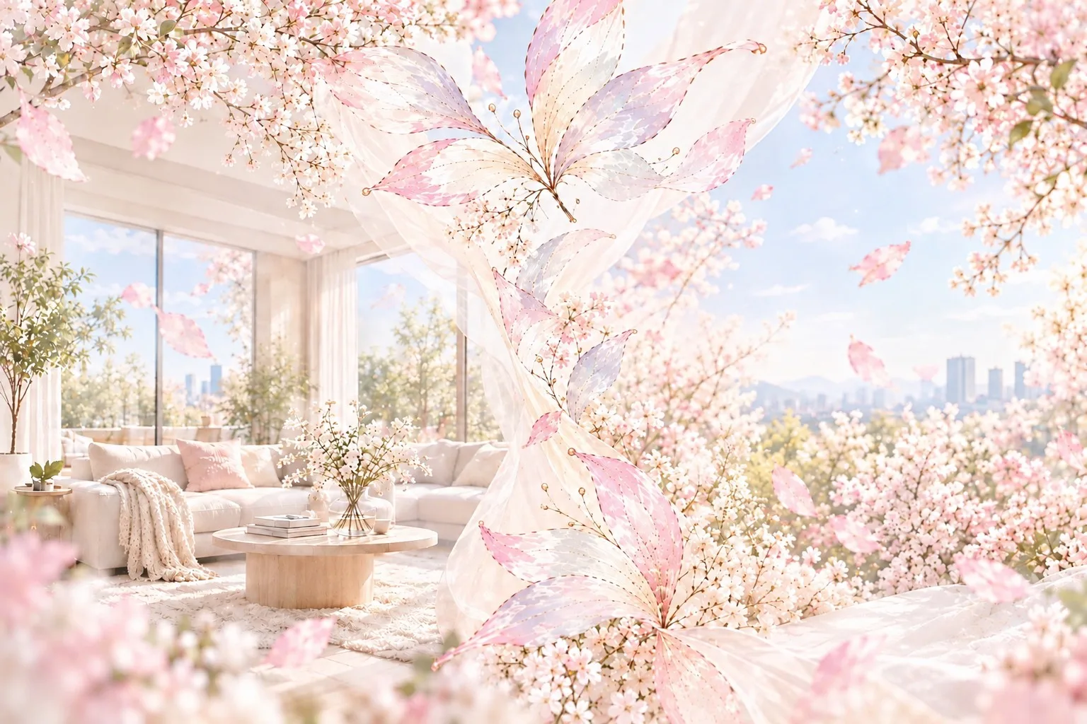 桜の咲く明るい部屋と花びら